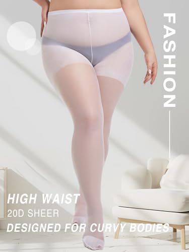 Image of MERYLURE Plus Size Sheer Tights for Women,20D Control Top Pantyhose Reinforced Toes High Waist Stockings 3 Pairs 1XL-6XL