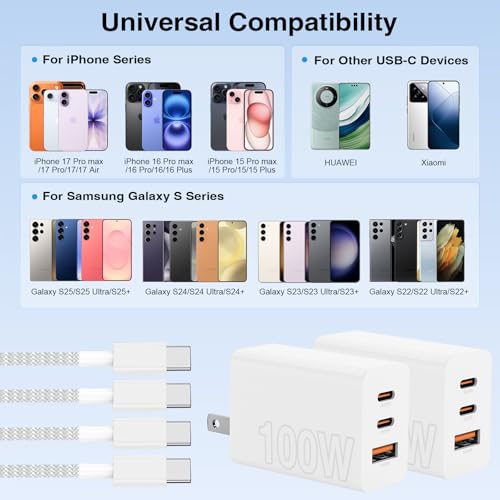 Image of 65W Fast Charging for iPhone Duo 18 17 16 Pro Max,3 Port 100W USB C Charger Block & 3 /6 /6 /10FT Braided Type C Cord for iPhone 17 16 15 Pro,for Samsung S26 Ultra /MacBook Air /iPhone 18 Pro Max-Pink