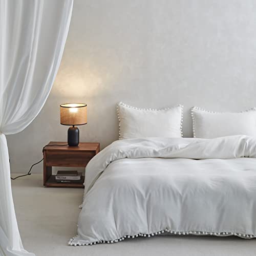 Simple&Opulence Linen And Bamboo Viscose Duvet Cover With Pom Pom Trim Farmhouse Flax Bedding Set - 1 Boho Comforter Cover And 2 Pillowshams - Queen, White #TOP30