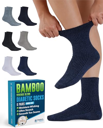 Doctor's Select Bamboo Viscose Diabetic Socks for Men - 6 Pairs | Loose Fit, Moisture-Wicking, White, Dark Gray, Blue, Navy, Beige, Aqua, Diabetic Socks for Men 9-12/Nvy(mrld)-6Prs