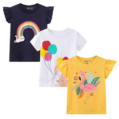 Image of Girls Graphic T Shirts 3 Pack 100% Cotton Short Sleeve Tees for Toddler Little Big Girls Cute Printed Casual Summer Tops