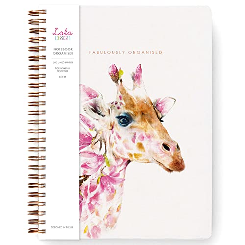 Lola Design - B5 Spiral Notebook Organiser, Botanical Giraffe Design - Planners & Journals - Wiro Bound Notebook with To-Do Lists & Priorities Section - 176x250mm, 250 Lined Pages