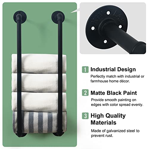HouseAid Industrial Pipe Towel Rack, Farmhouse Bathroom Towel Storage Holder, Vintage Style Towel Organization, Wall Mounted, Matte Black - Thumbnail 4