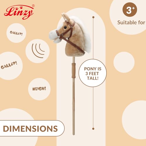 Image of Linzy Toys 35.5 inch Plush Stick Horse - Funny Hobby Horse with Pony Sound, Soft Realistic Mane & Durable Leather Reins, Pretend Play Riding Toy for Boys & Girls Ages 3+ (Light Brown)