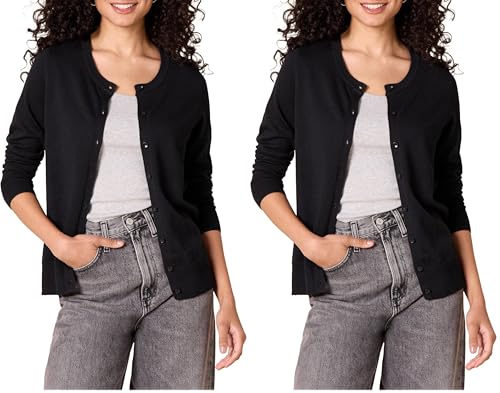 Amazon Essentials Women's Lightweight Crewneck Cardigan Sweater (Available in Plus Size), Black, Medium