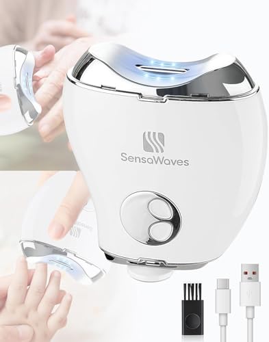 Sensawaves electric nail clipper in white with LED display panel, showing the speed selector and debris storage compartment