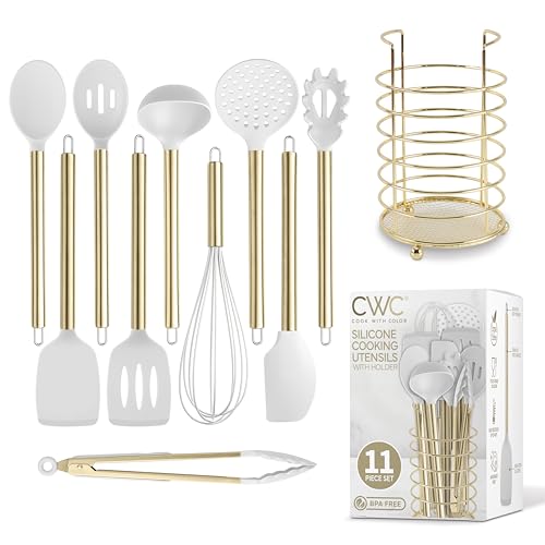 COOK WITH COLOR Silicone Cooking Utensils, Kitchen Utensil Set, Easy to Clean Silicone Kitchen Utensils, Cooking Utensils for Nonstick Cookware, Kitchen Gadgets Set with Holder, 10 Pieces