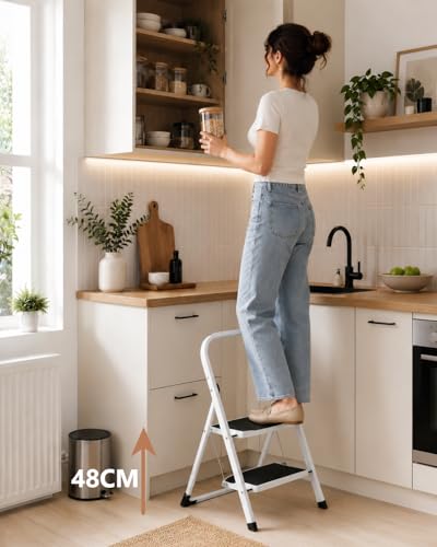 Miniatura 3 de Escalera Plegable De Metal Domestica Color Gris Oscuro, Taburete Plegable Peldaño Extra Ancho Y Con Apoyabrazos Carga Hasta 150 Kg 2p Blanca