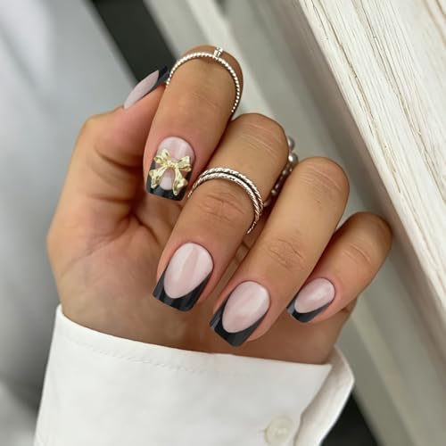 VOTACOS Black French Tip Press on Nails Short Square Acrylic Fake Nails Press Ons with Glue 24PCS Nude Glue on Nail with Design Cute 3D Gold Bow Stick on False Nail for Women and Girls — view 3