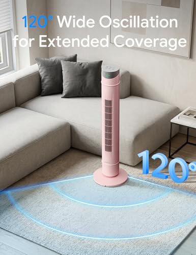 Image of ZAFRO Smart Tower Fan for Bedroom,120 Oscillating Fans that Blow Cold Air | 28ft /s High-Speed 12 Speeds 4 Modes Upgraded DC 22dB Ultra Quiet,App /Voice Control,Standing Fan with 12H Timer,42Inch, Pink