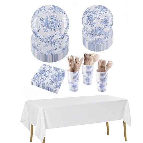 CEILIWEN 212PCS Blue Floral Party Set - 30 Guests Paper Tableware Set Includes Plates, Cups, Napkins, Cutlery & Tablecloths for Elegant Afternoon Tea, Wedding, Birthday (Blue)