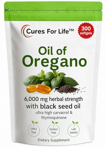 Cures For Life Oil of Oregano Softgels 6000mg High Potency with 165mg Carvacrol & 200mg Black Seed Oil 2-in-1 Immune Support & Digestive Health 300 Softgels Oregano Oil Capsules Supplement