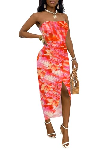 Image of Umenlele Women's Strapless Ruched High Waist Wrap Split Asymmetrical Beach Maxi Long Dress