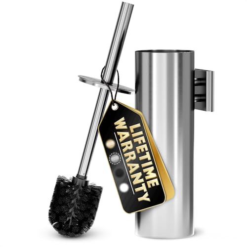 Silver Modern Toilet Brush and Holder Set with Wall Mount - Stainless Steel Toilet Brush with Holder - Removable Inner Bowl Shiny Design Splash Protection & Dense Bristles for Bathroom Cleaning