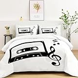 Ganzjahresdecke 2-In-1 Mit Integriertem Bezug 135x200 cm - Maschinenwaschbar - Hypoallergen und Leicht - Zweiseitiges Design Minimalistische Musiknoten Kassette Weiß