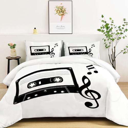 Ganzjahresdecke 2-In-1 Mit Integriertem Bezug 135x200 cm - Maschinenwaschbar - Hypoallergen und Leicht - Zweiseitiges Design Minimalistische Musiknoten Kassette Weiß
