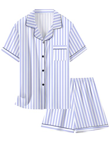 Image of Schbbbta Women Pajamas Set, 2 Pieces Satin Silk Button Down Pjs Short Sleeve Outfits Loungewear
