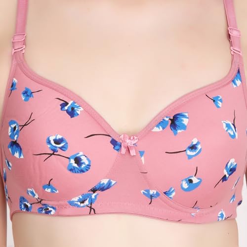 Image of Flower Print Bra for Women - Made of Pure Cotton Full Coverage Non Wired Pushup Soft Cup for T-Shirt Saree Dress Sports Garment for Daily Use Everyday