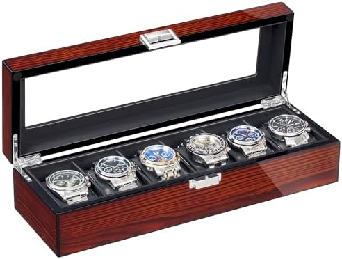 BEWISHOME Uhrenbox 6 uhren aus Holz für Herren – Luxus Uhrenbox Herren | Echtglas-Oberseite, glattes Kunstleder innen, Uhrenaufbewahrung, Braun ESSH06Y