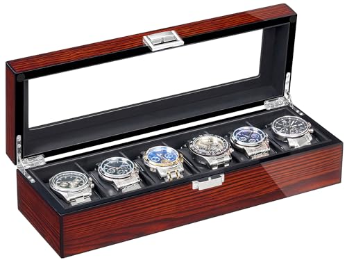 Bewishome Boîte à montres Haut de Gamme, Boîtier en Bois à 6 Emplacements, Grand Couvercle en Verre, Organisateur de Montres Luxe pour Homme