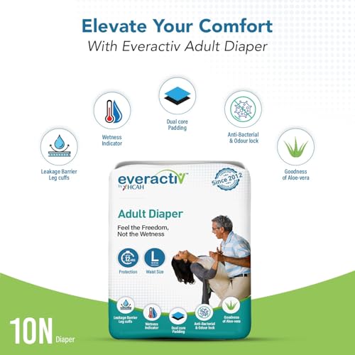 Image of Everactiv Adult Diaper - Wetness Indicator with Aloe Vera | Large (Waist 38-54 inches) - 120 Units (Pack of 12 x 10 Units) | Unisex (L, 120)