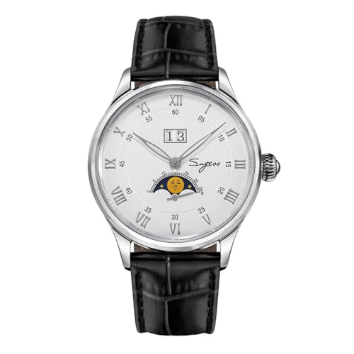 Montre Homme Seestern Sugess MoonPhase en Cuir Noir pour Costume et Quotidien