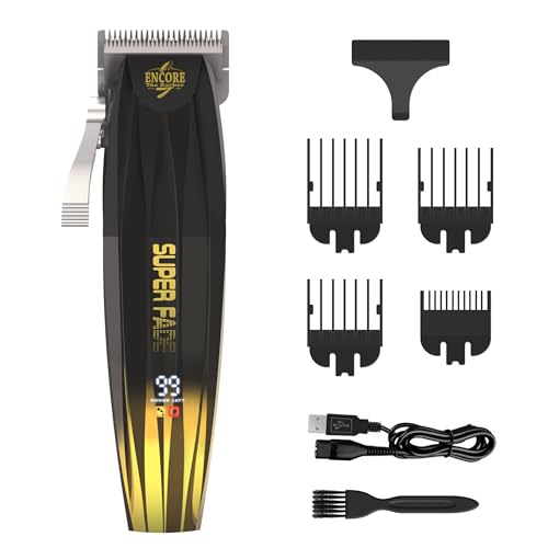 ENCORE THE BARBER Super Fade Professional Hair Clipper for Barbers Fast Clean Blurry Fades | Four Click Lever | Whisper Quiet | Rechargeable Cordless | Over 90 Minutes Run time | Crunchy Blade