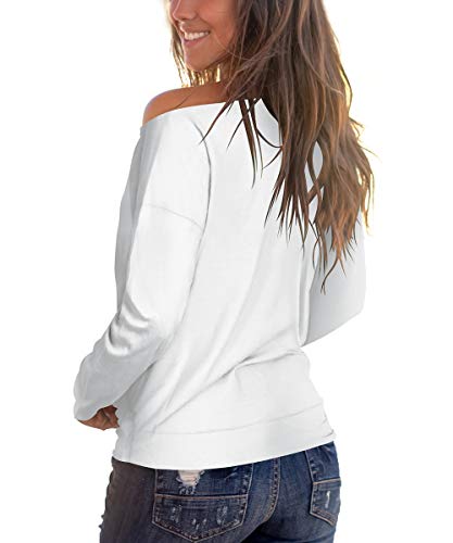 Cosonsen Women Long Sleeve Boat Neck Tee Casual Tunic Top White M #TOP2