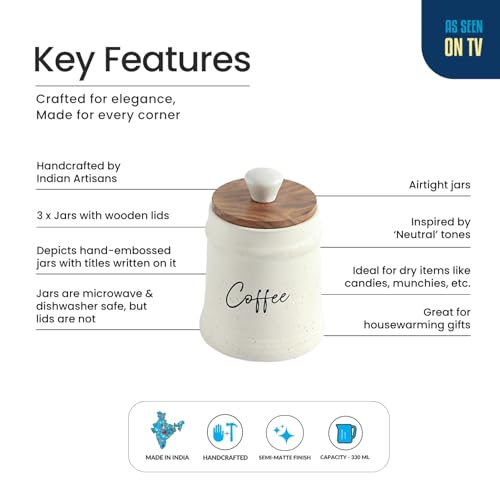 Image of ExclusiveLane 'Daily Rituals' Airtight Ceramic Jars For Kitchen Storage With Wooden Lid Ceramic Containers For Pickle Cookies Sugar Dry Fruits (Set of 3, Airtight, 300 ML, Hand-Embossed, 13.5 Cm)