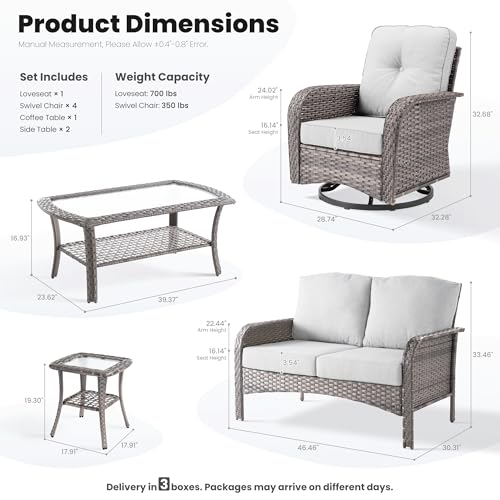 ovios 8 Pieces Patio Furniture Set, Outdoor Wicker Sofa with Swivel Chairs, Coffee Table, All Weather High Back Rattan Loveseat Couch with Comfy Cushions, Grey