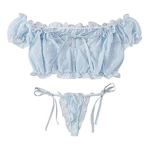 Buitifo Damen-Dessous-Set, Spitze, Babydoll, zum Selbstbinden, sexy BH und Panty-Pyjama-Set, Blau, Large