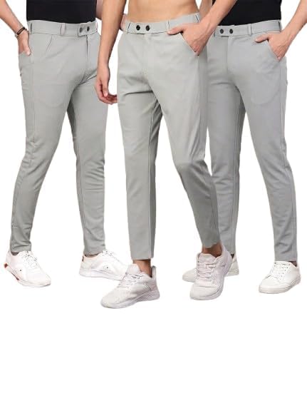 Image of Men Slim Fit Formal Trousers | Stylish Ankle Length Stretchable Office Pants | Men's Comfortable Slim Fit Trousers Combo Pack of 3