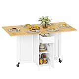 Hzuaneri Folding Dining Table for 4-6, Drop Leaf Table with 4 Wheels & Storage Drawers, Cabinets and 2-Tier Open Shelves for Small Spaces, Kitchen, Dining Room, White-Oak KT14028W