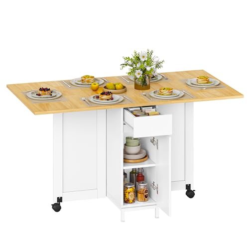 Hzuaneri Mesa Plegable Comedor, Mesa Plegable con Ruedas, Estantería Abierta de Dos Niveles, Ideal para Espacios Pequeños, Cocinas y Comedores, 140 x 75 x 75 cm, Roble Claro KT14028W