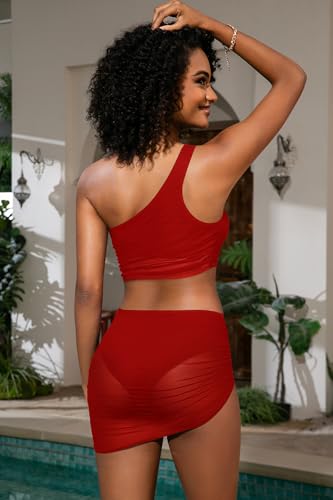 SHEKINI Women's Asymmetrical Bikini Sets One Shoulder Ruched Mesh Mid Rise Skirt Bottoms Two Piece Bathing Suit2