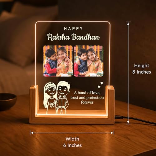 Image of Giftplease Personalized Raksha Bandhan LED Acrylic Photo Frame with Rakhi, Roli Chawal, Greeting Card, Wooden USB Night Lamp, Brother Sister Festival Keepsake, Memory Decor, Home Table Display
