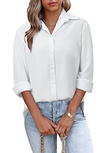 Onlyshe White Blouses For Women's Button Down Casual Cuffed V Neck Long Sleeve Solid Color Shirts For Teens Girls Tops L #TOP11