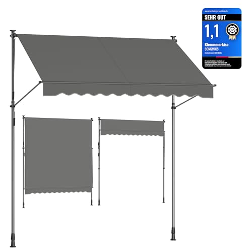 SONGMICS Klemmmarkise, Balkonmarkise, höhenverstellbar, mit Handkurbel, Sonnenschutz, für Balkon, Terrasse, Garten, 250 x 120 cm, anthrazit GSA252G02