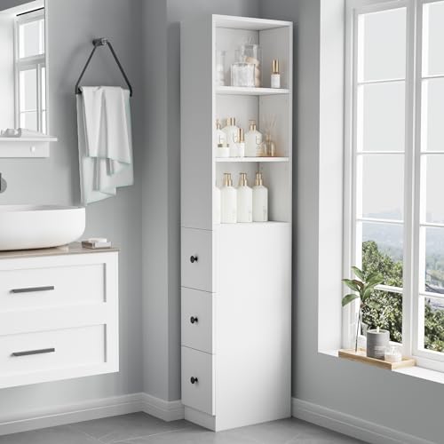 ARTETHYS Storage Cabinet Tall Narrow Bathroom Organizer with 3-Level Adjustable Shelves Slim Free Standing Space Saver for Living Room Kitchen, Classic White
