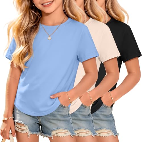 LessonZoo 3 Pack Girls Short Sleeve Cute Shirts, 3-Color, 11-12 Years