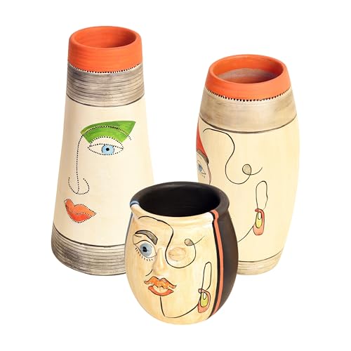 Image of Aakriti Art Creations Mohana-I Decorative Vases Set of 3 | Multicolor Terracotta Flower Vases | Matte Finish Modern Art Decorative Vases for Living Room, Table Decor & Gifting