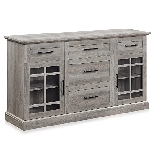 BELLEZE Sideboard Buffet Console Table, Versatile Media Cabinet with Drawers and Adjustable Shelves - 58 Inch - Astorga (Gray Wash)