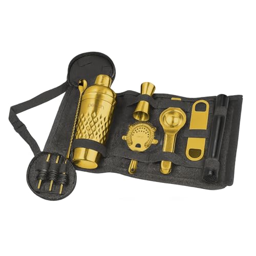 Image of O' Holic by Perch Portable Bar Bag Set | Premium Leatherette Travel Bartender Kit | 13-Piece Cocktail Shaker Set with Jigger, Strainer, Muddler & Bar Tools | Premium Gift for Men| Golden