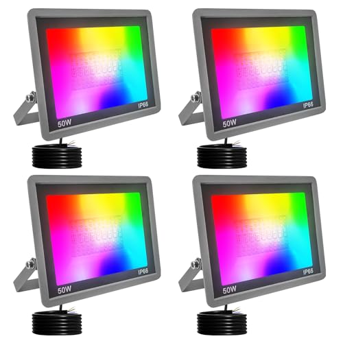 Fosingut Focos Led RGB Exterior,50W Foco Proyector LED Exterior Regulable con Control APP,Sinc Musical,Impermeable Lámpara RGBCW Foco Interior Inteligente Para Fiesta,Jardin,Navidad,Paisaje Deco-4pcs