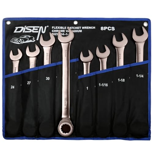DISEN 8pcs Large Ratcheting Wrench Set | Metric and SAE Combination Wrench Set |Nickel Plating with Rolling Pouch | 24,27,30,32mm & 1\'\',1-1/16\'\',1-1/8\'\',1-1/4\'\'| CR-V Steel Gift for Father - Thumbnail 7