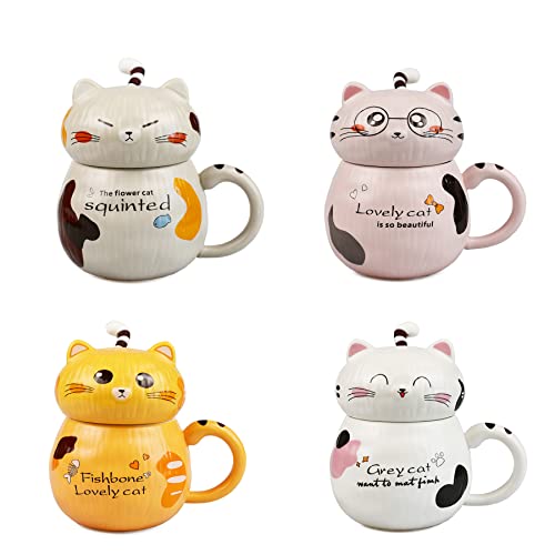 QUNUNOIRE -Taza Linda Taza de Café de Cerámica de Gato con Tapa Varita de Agitación de Acero Inoxidable, Taza de la Mañana Taza de Desayuno Leche Té 400ML Rosa Cover