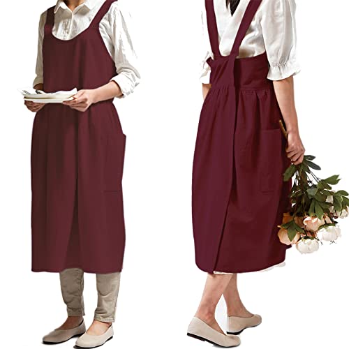 NEWGEM Cotton Linen Cross Back Apron for Women...