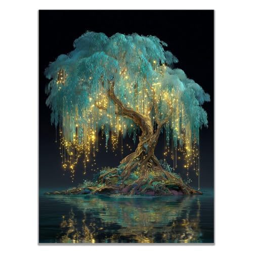 Pintura de árbol abstracto y lago en cartel HD, decoración de pared verde 40x60cm