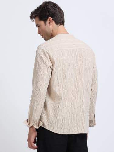 Image of StitchX Men's Seersucker Band Collar Pure Cotton Striped Kurta Shirt-S-2XL