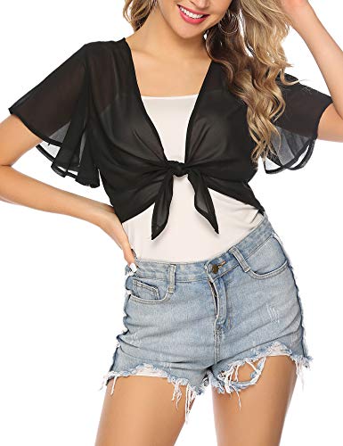 iClosam Women Tie Front Chiffon Shrug Short Sleeve Cropped Sheer Bolero Shrug Cardigan Black